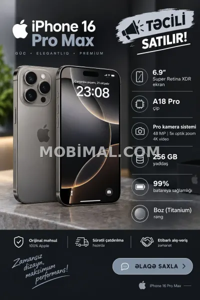 IPhone 16 Pro Max, 256 GB, Natural Titanium, Zəmanət